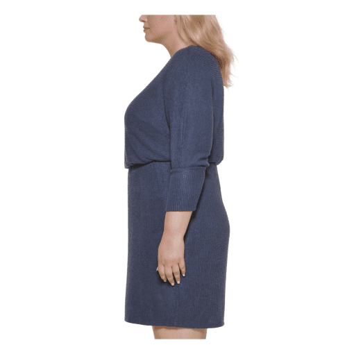 JESSICA HOWARD Women's Blue Stretch Ribbed Lined 3/4 Sleeve Boat Neck Above the Knee Evening Blouson Dress Plus 18W - Image 4