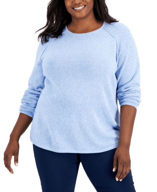 Karen Scott Plus Size Curved-Hem Nep Sweater, - Light Blue Heather Nep 3X - Image 2