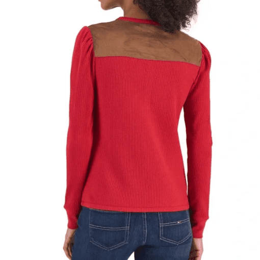 Tommy Hilfiger Women's Faux Suede Trim Henley Top Red Size Large - Image 2