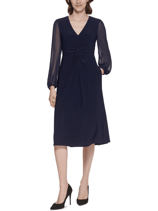 Calvin Klein Womens Chiffon Sleeves Ruched MIDI Dress 8P - Image 2