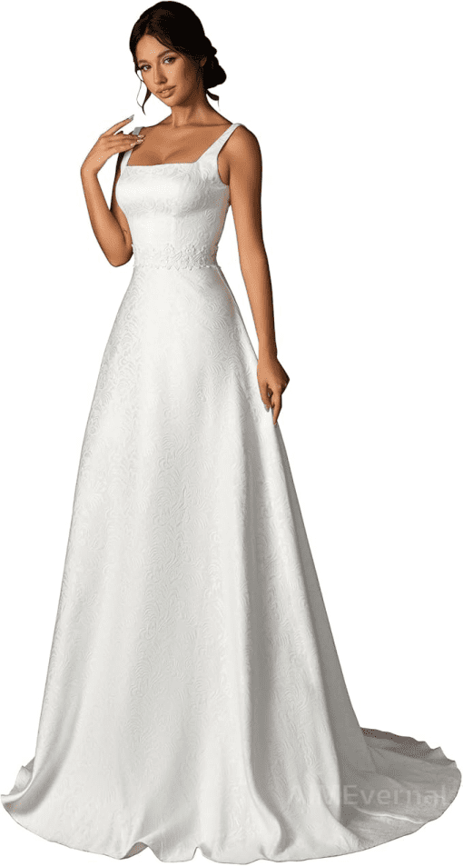 VIPGIRL Women’s Elegant Square Neck A-Line Sculptured Maxi Wedding Dress, Simple Lace-up Backless Formal Bridal Gown - Image 2