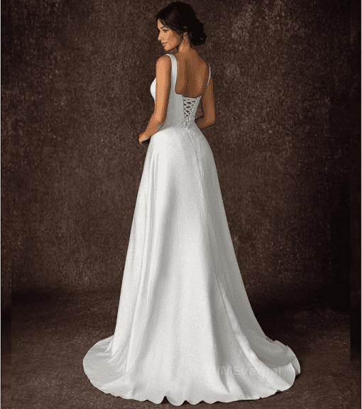 VIPGIRL Women’s Elegant Square Neck A-Line Sculptured Maxi Wedding Dress, Simple Lace-up Backless Formal Bridal Gown - Image 3