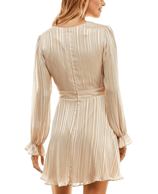 B Darlin Juniors' V-Neck Metallic-Chiffon a-Line Dress - Taupe/Silver 7/8 - Image 3