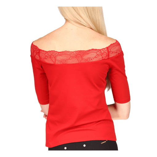 MICHAEL KORS Womens Red Lace Sheer Short Sleeve Off Shoulder Top L - Image 2