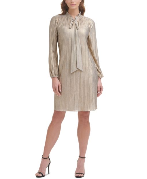 DKNY Metallic Pleated Shift Dress Gold 2