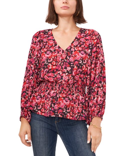 VINCE CAMUTO Women's Black Smocked Floral Blouson Sleeve V Neck Peplum Top XS