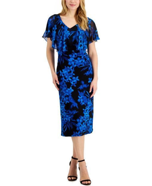 Connected Petite Printed Popover Midi Dr Sapphire 6P