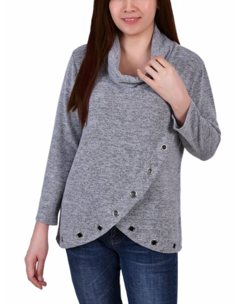 NY Collection Petite Long Sleeve Crossover with Grommets Top - Heather Gray PL