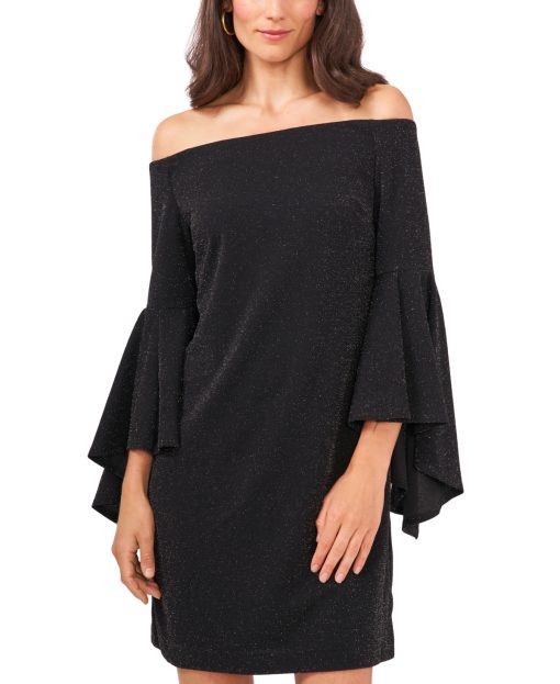 VINCE CAMUTO Women's Black Glitter Pullover Lined Bell Sleeve Off Shoulder Short Cocktail Shift Dress S