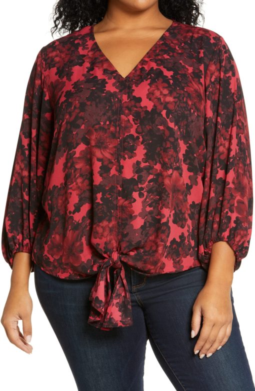 Vince Camuto Plus Red Floral Blouse - Tie Front Top - 2X - Women's Shirts