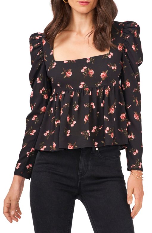 STATE Black Floral Blouse - Square Neck Top - Size 4 - Women's Shirt