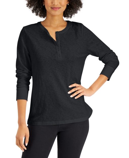 Karen Scott Long-Sleeve Cotton Henley,  XS