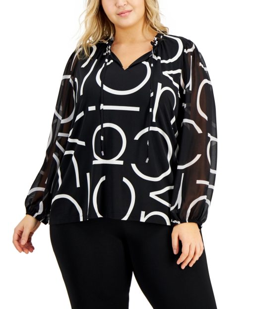 Calvin Klein Plus Size Split-Neck Sheer-Sle Black Soft White Multi 2X