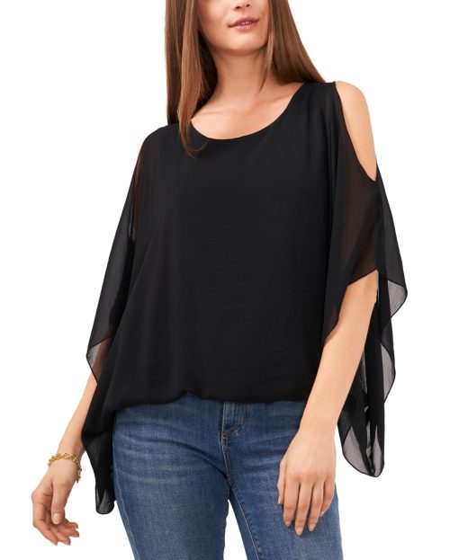 Vince Camuto Women's Black Cold Shoulder Sheer Lined Pullover Dolman Sleeve Round Neck Top L