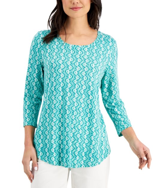 Jm Collection Printed 3/4-Sleeve Rounded-Hem Top,  L