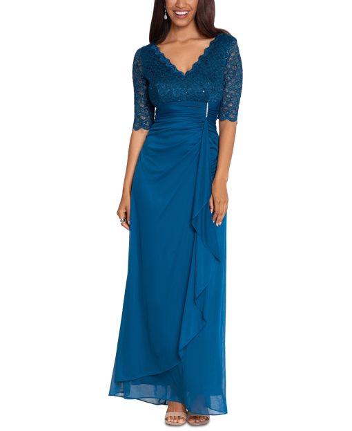 Betsy Adam Petite V-Neck Lace-Bodice Gown Peacock 14P