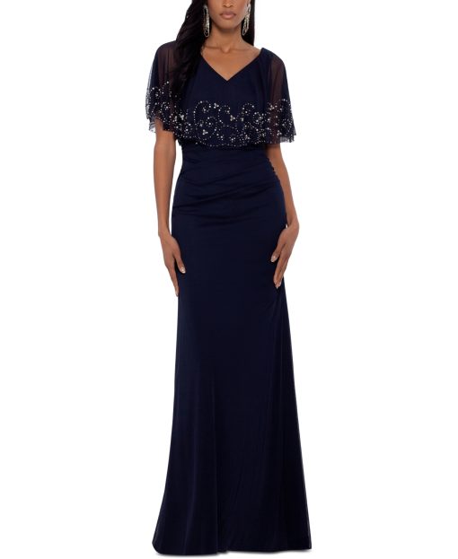 Betsy Adam Petite Beaded Capelet Gown NavySilver 6P