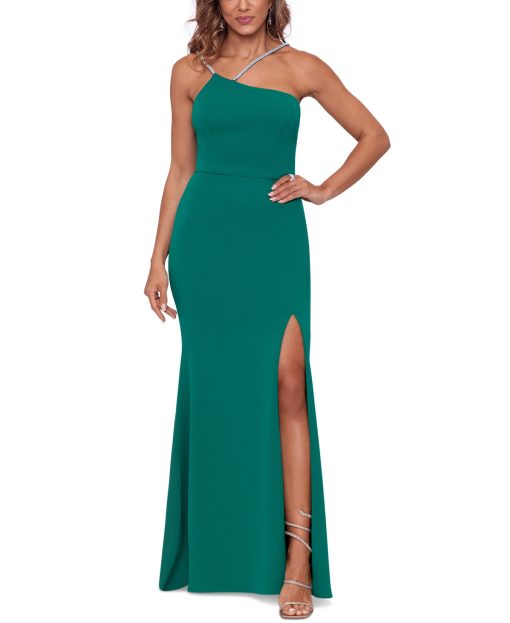 XSCAPE Asymmetric Beaded-Strap Gown Green 0