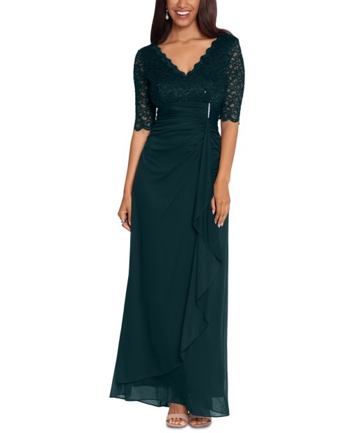 Betsy Adam Lace-Top Waterfall-Detail Gown Pine 10