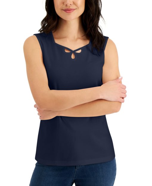 Karen Scott Cotton Sweetheart-Neck Keyhole-Cutout Top,  M