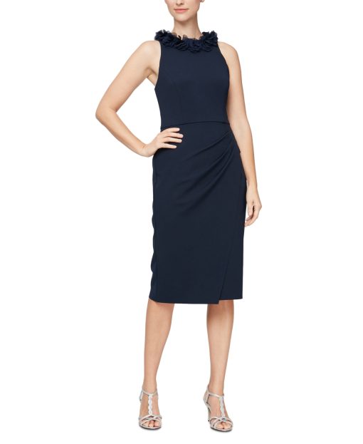 Alex Eve Floral-Neck Sheath Dress Navy 16