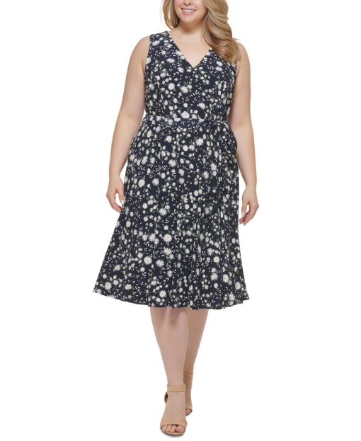 TOMMY HILFIGER Womens Navy Tie Zippered Floral Sleeveless V Neck Knee Length Shift Dress Plus 18W