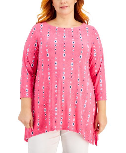 Jm Collection Plus Size Printed Jacquard Handkerchief-Hem Top 1X