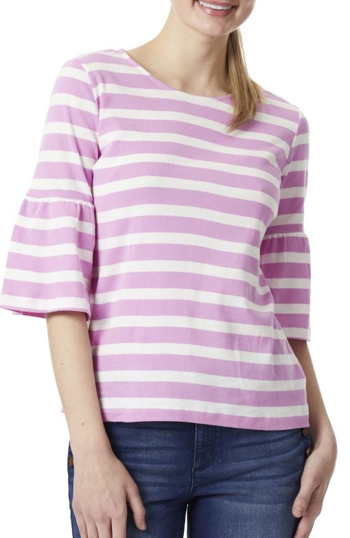 JONES NEW YORK Womens Pink Striped Bell Sleeve Round Neck Top L