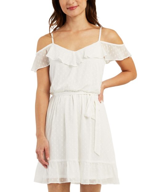 BCX Women's White Ruffled Sheer Adjustable Straps Tie Lined Flutter Sleeve Off Shoulder Above the Knee Party a-Line Dress L