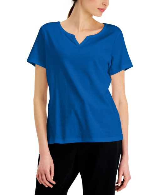 Karen Scott Petite Cotton Split-Neck Top, - Vibrant Blue M