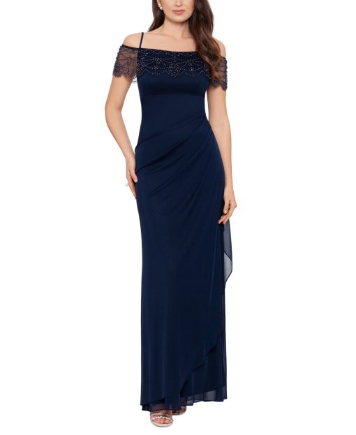 XSCAPE Beaded-Cape Dress Navy 10