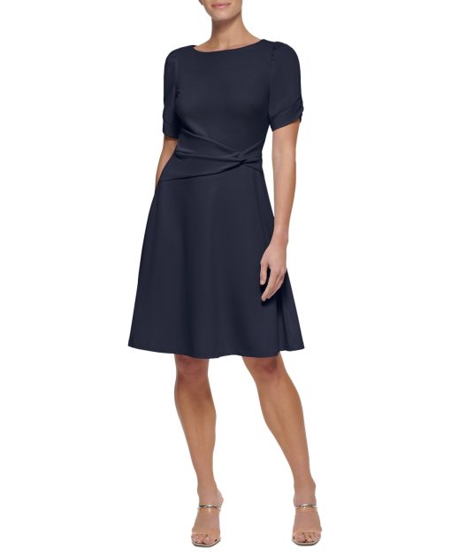 DKNY Twist-Sleeve Fit Flare Dress Navy 2