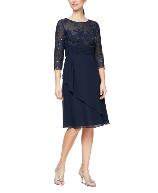 Alex Evenings Womens Embellished Shift Dres Navy 16