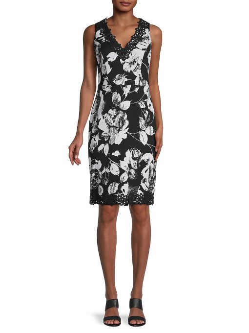 Karl Lagerfeld Paris Women's Floral-Print Appliqué Sheath Dress - Black White Multi - Size 2