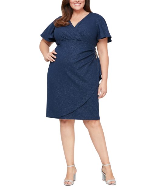 SL Fashions Plus Size Shimmer-Knit Surplic Navy 18W