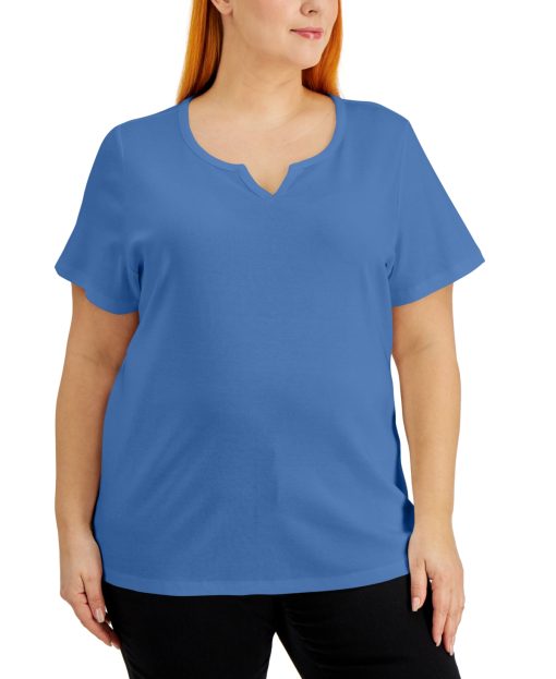 Karen Scott Plus Size Cotton Split-Neck Top,  - Ultramarine 0X