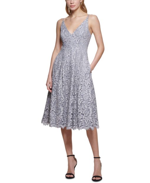 Eliza J V-Neck Lace Fit Flare Dress Silver 8