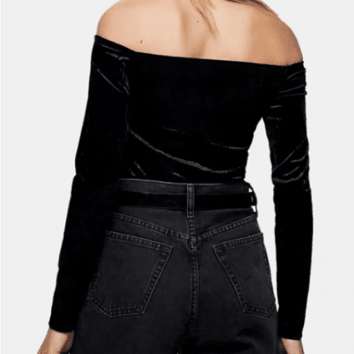 Topshop Black Crushed Velvet Bardot Top Off the Shoulder Size 6 - Image 2