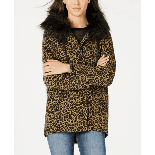 Jou Jou Junior S Leopard Print Faux Fur Trim Hooded Jacket Brown Size Small - Image 2