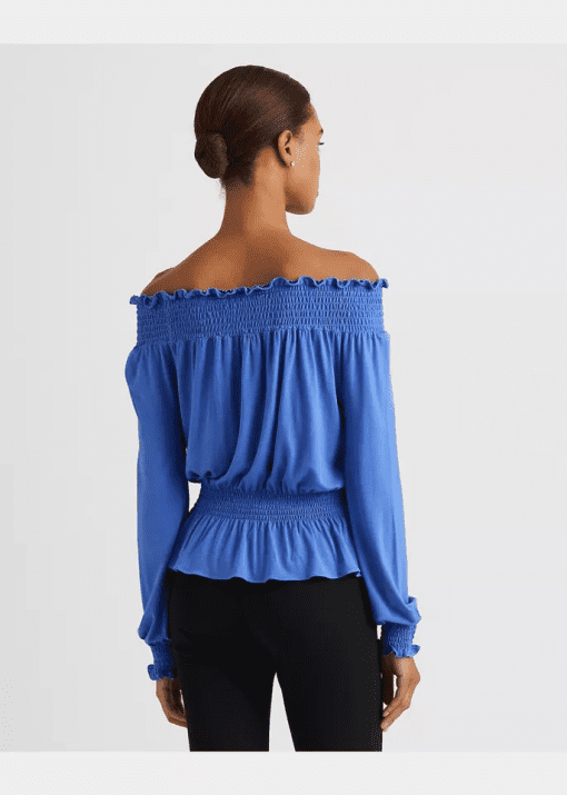 Lauren Ralph Lauren Womens Blue Smocked Long Sleeve Off Shoulder Peplum Top Xxl - Image 2