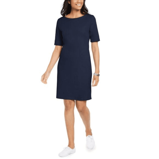 Karen Scott Petite Cotton Boat-Neck Elbow-Sleeve Dress, P/L - Image 2