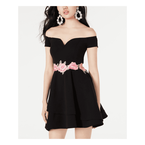 B Darlin Juniors' Off-the-Shoulder Applique Dress - Black/Pink/Green 13/14 - Image 2