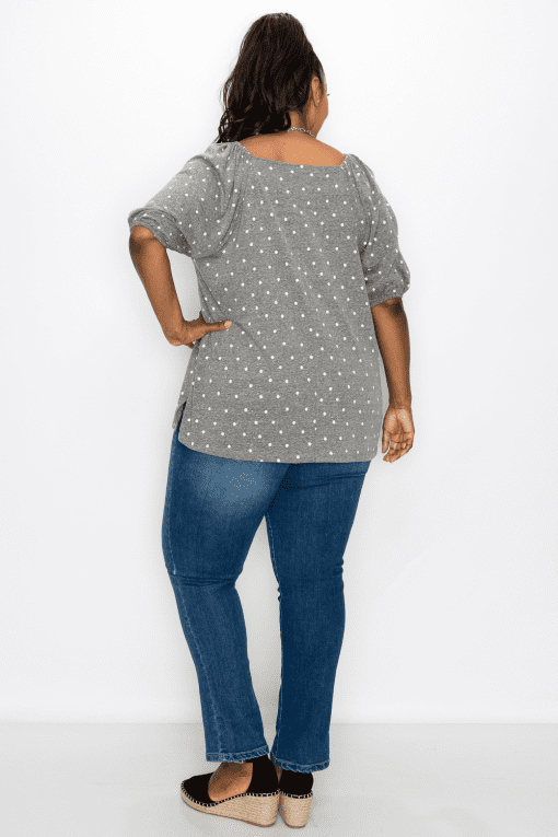 Plus Size Dot Print Square Neck Peasant Tee - Gray 2X - Image 3