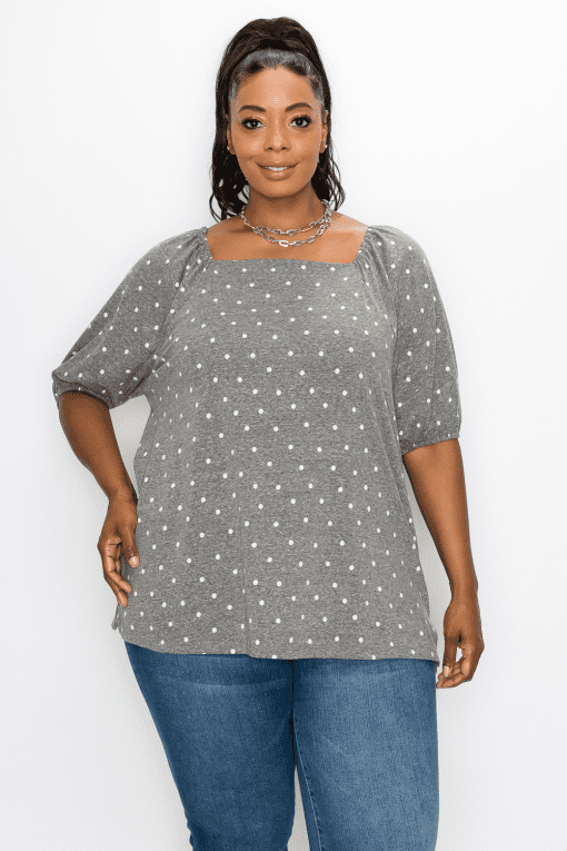 Plus Size Dot Print Square Neck Peasant Tee - Gray 2X - Image 2