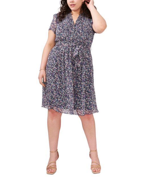 MSK Plus Size Pintucked Fit Flar Navy Multi 22W