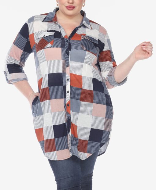 White Mark White Mark Plus Size Plaid Tun Blue and Brown 1X