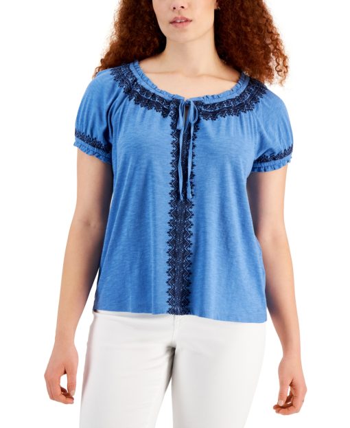 Style & Co Women's Embroidered Puff-Sleeve Blouse XL