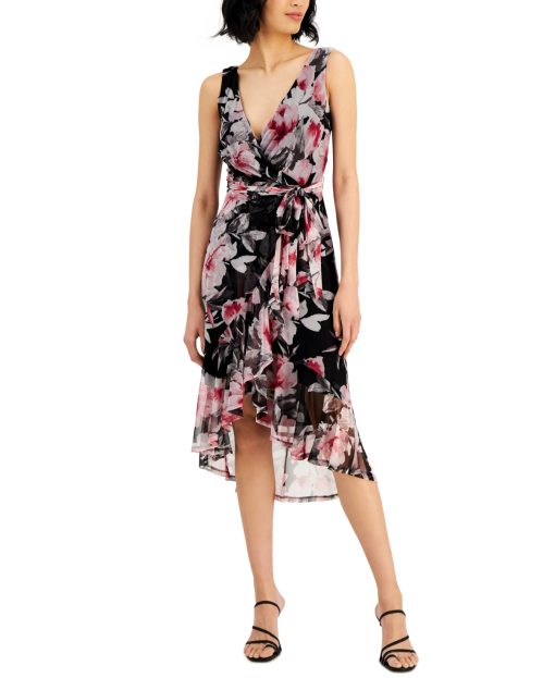 Connected Womens Floral-Print Ruffled W Berry 8