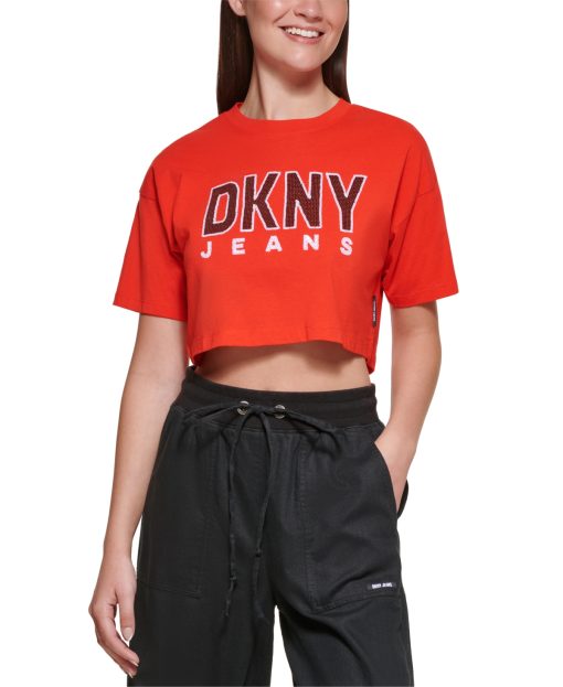 DKNY Jeans Womens Sequin-Logo T-Shirt Red Alert Multi L