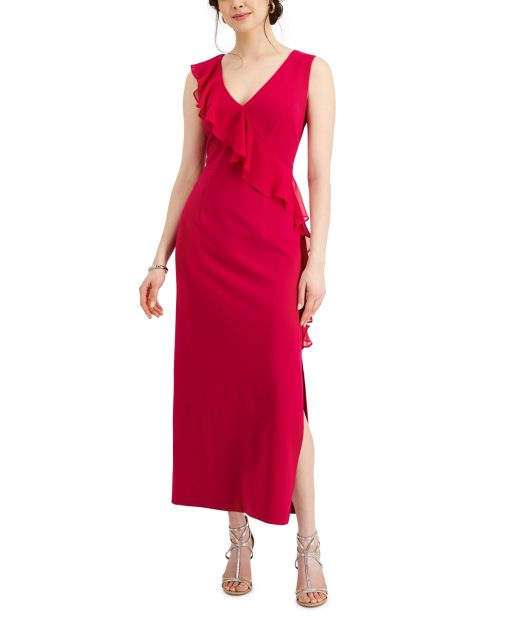 Connected Petite V-Neck Ruffled Gown Fuschia 10P